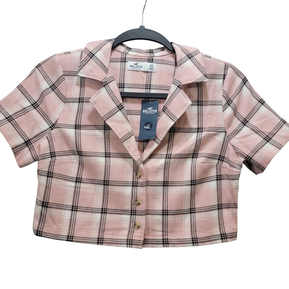 Y2K Hollister Cali Pink Plaid Cropped Button Up Top XS Preppy Academia Clueless‎